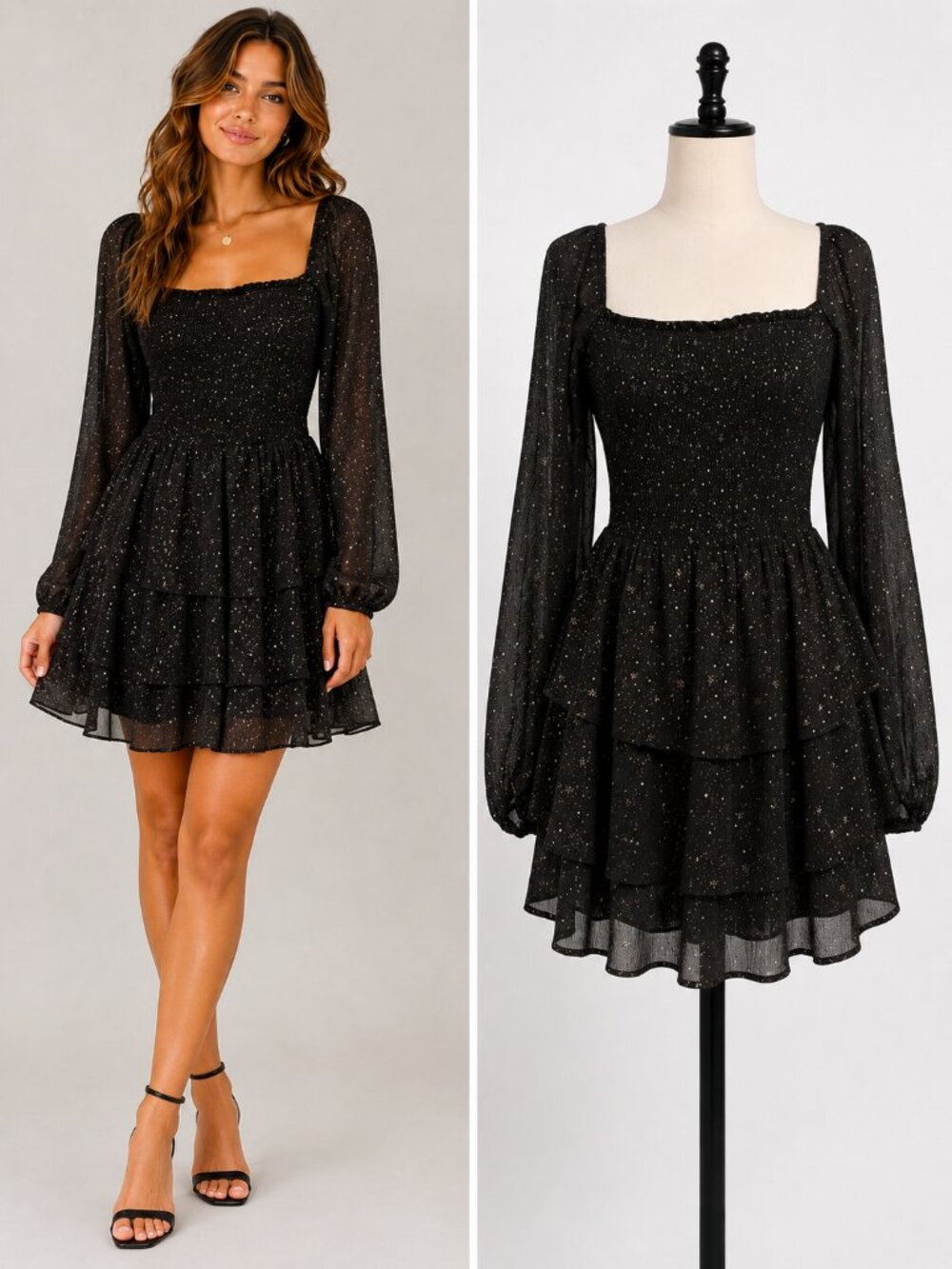 Entro Black Gold‎ Speckle Romper Dress Large Smocked Sheer Sleeve Party